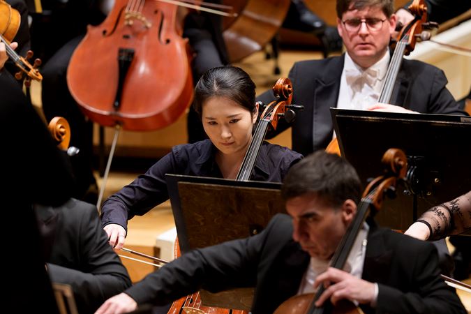 CSO cello Olivia Jakyoung Huh concentrates during Sibelius' Second Symphony