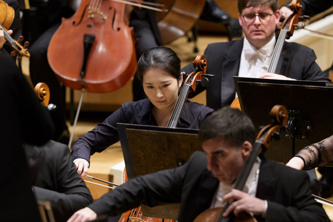 CSO cello Olivia Jakyoung Huh concentrates during Sibelius' Second Symphony