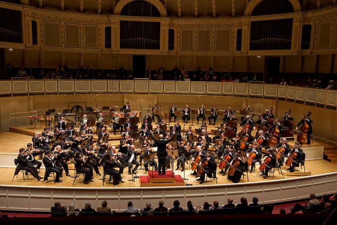 point of view from the box level: the Orchestra and conductor Paavo Järvi perform Sibelius' Second Symphony