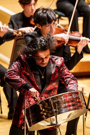Jaden Teague-Núñez steelpan player and winner of the 2024 Crain-Maling Young Artists Competition, performing on stage