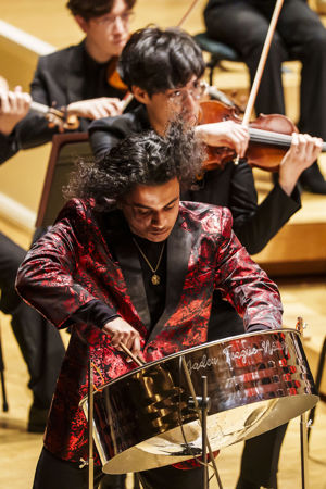 Jaden Teague-Núñez steelpan player and winner of the 2024 Crain-Maling Young Artists Competition, performing on stage