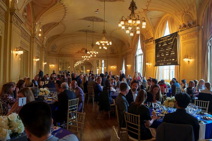Wide shot of Corporate Night dinner in Grainger Ballroom