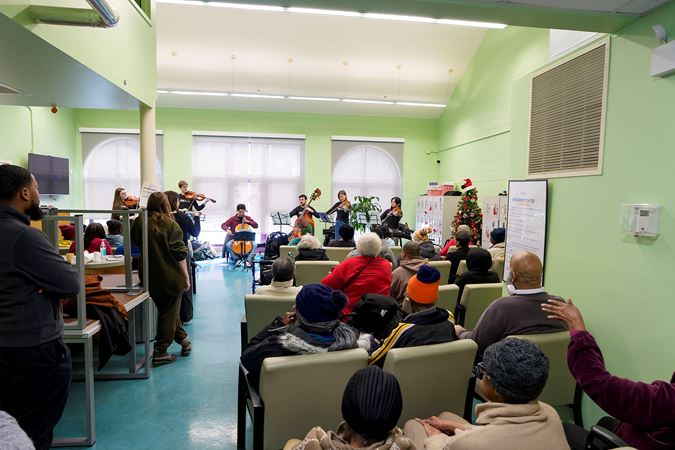 Civic string players performing a Bach program for community members at Chicago Commons during the 2025 Bach Marathon