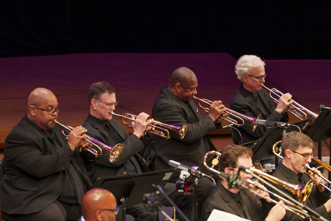the trumpet section of the Chicago Jazz Orchestra performing
