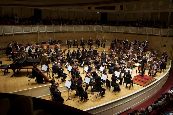 a point of view of the full Orchestra from the left side of the box level during the performance