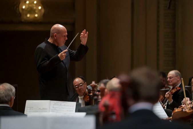 Closeup of conductor Jaap van Zweden leading the CSO in Mahler 6