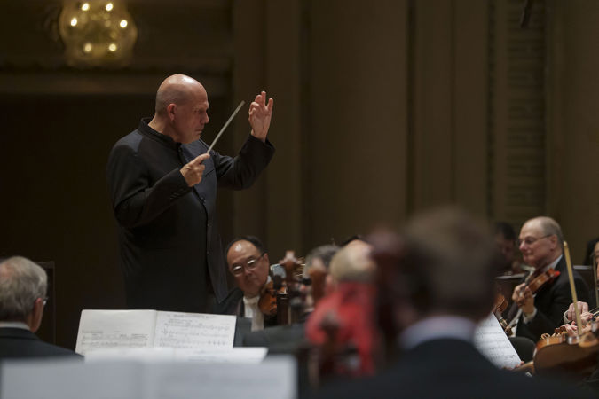 Closeup of conductor Jaap van Zweden leading the CSO in Mahler 6