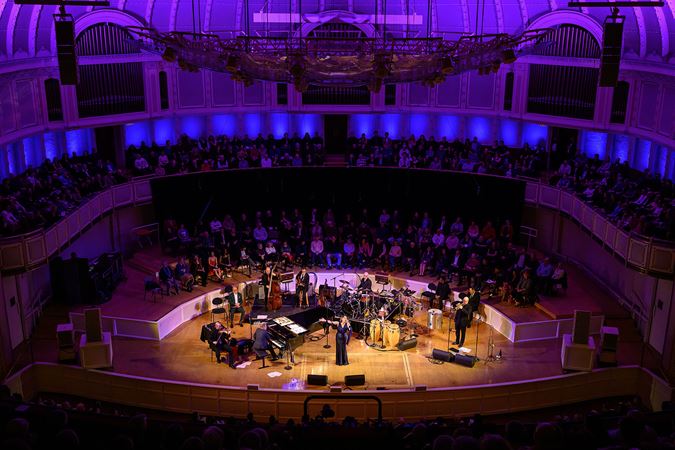 an overhead view of Pink Martini on stage