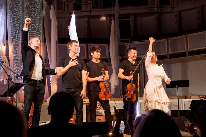 Left to right: composer Kevin Puts, bassist Ranaan Meyer, violinist Charles Yang, violinist Nick Kendall and mezzo-soprano Joyce DiDonato take a triumphant final bow