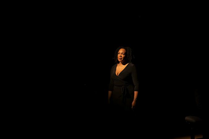 A closeup of narrator Breezy Leigh who performed in Bartók's Bluebeard’s Castle