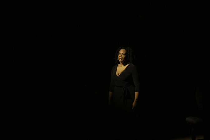 A closeup of narrator Breezy Leigh who performed in Bartók's Bluebeard’s Castle