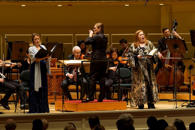left to right, soprano Giulia Semenzato, conductor Daniela Candillari, and mezzo Jennifer Johnson Cano perform Pergolesi's Stabat Mater with the CSO