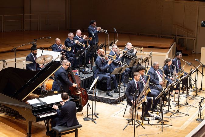 A wide shot of Jazz at Lincoln Center Orchestra with Wynton Marsalis