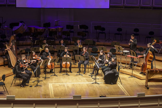 Wideshot of Civic Orchestra Fellows performing on stage