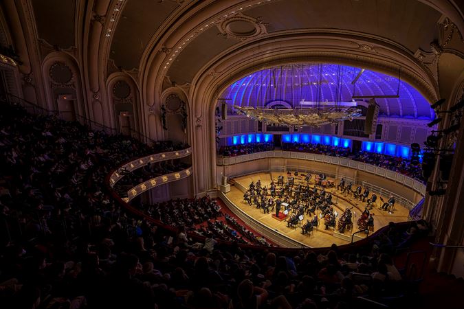 Wide shot of the Chicago Symphony Orchestra at a CSO School concert