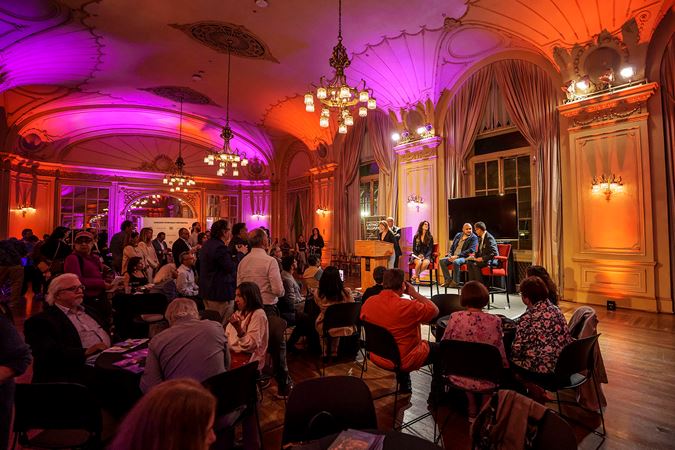 Wide shot of the final CSO Latino Alliance event of the season, which featured a Q&A with CSO principal trumpet Esteban Batallán