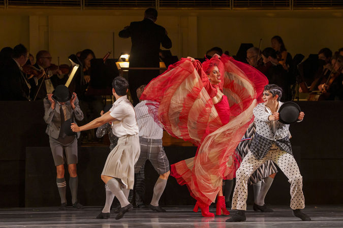 An action shot of The Joffrey Ballet dancers from Blanc's world premiere choreography titled Les Bœufoons