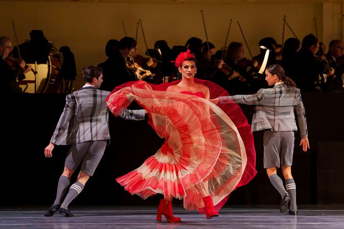 An action shot of The Joffrey Ballet dancers from Blanc's world premiere choreography titled Les Bœufoons