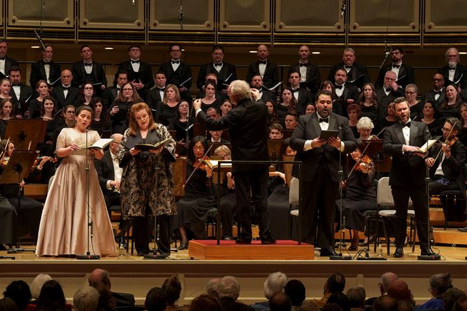 A wide shot of the Chicago Symphony Orchestra and Chorus, conductor Manfred Honeck and four guest vocalists