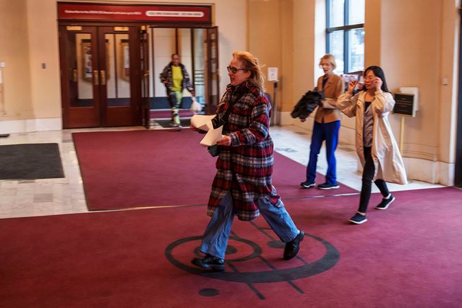A patron walking to get her ticket scanned in the Michigan Avenue entryway