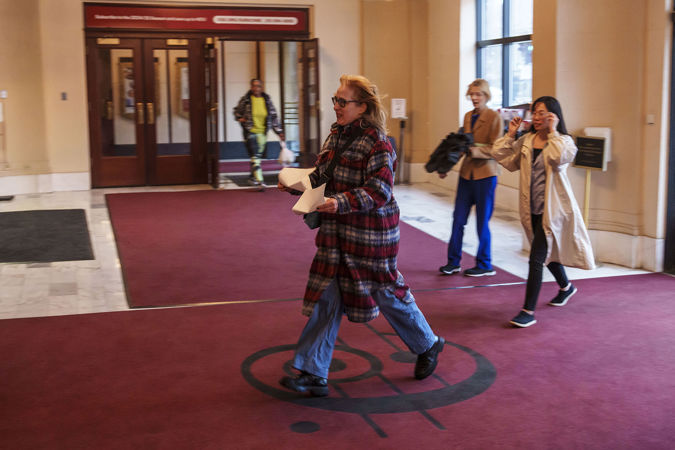 A patron walking to get her ticket scanned in the Michigan Avenue entryway