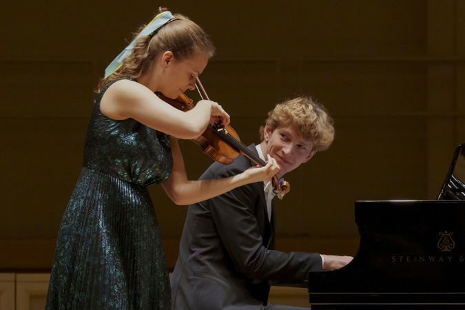 Closeup of pianist Jan Lisiecki and violinist Julia Fischer