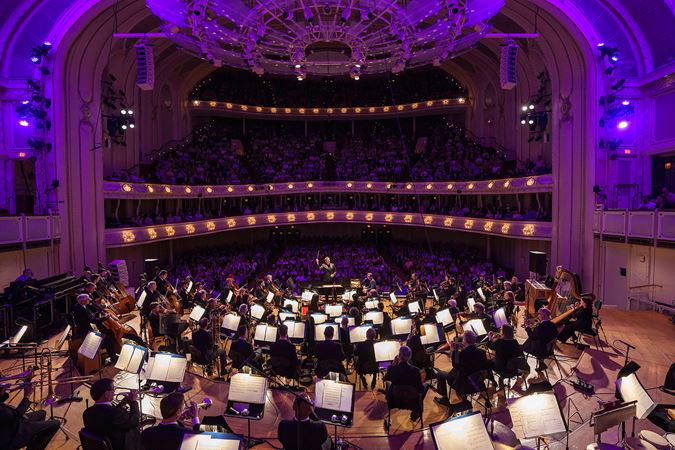 Wideshot of the CSO, singer-songwriter Ben Folds and conductor Steven Reineke from the Terrace section