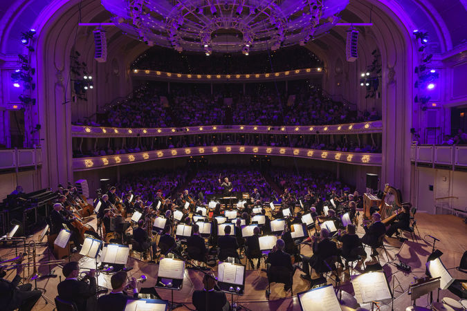 Wideshot of the CSO, singer-songwriter Ben Folds and conductor Steven Reineke from the Terrace section