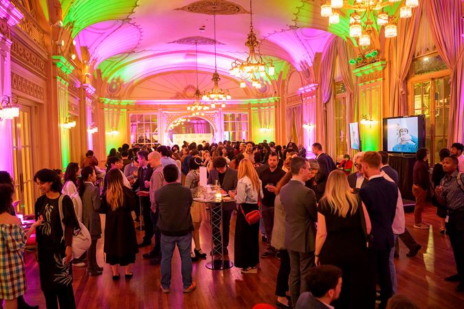 Wide shot of a packed Grainger Ballroom during the first Underground event of the season