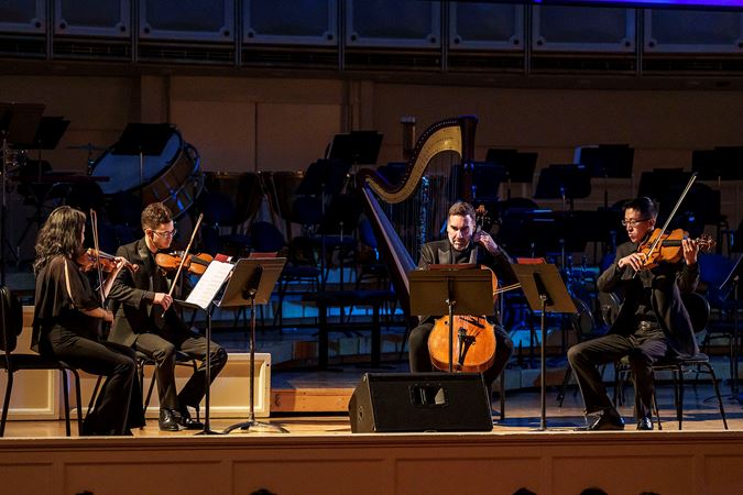 Wide shot of a CSO chamber ensemble performing Young Composers Initiative participant Sylvia Pine's music