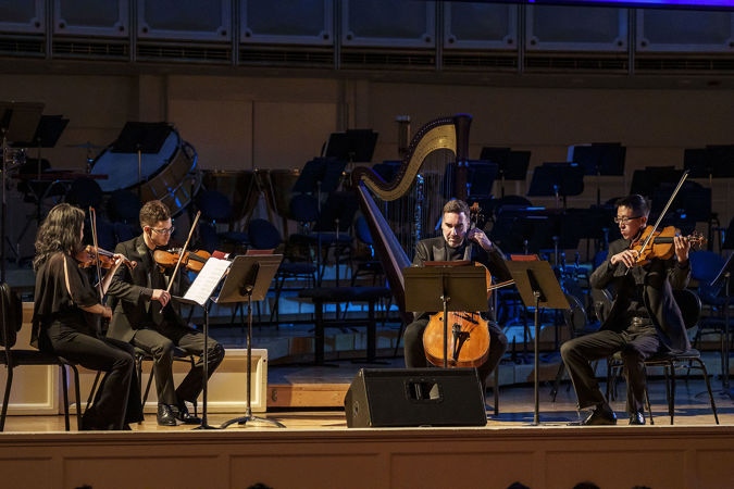 Wide shot of a CSO chamber ensemble performing Young Composers Initiative participant Sylvia Pine's music