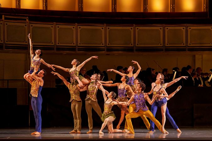 An action shot of The Joffrey Ballet dancers from Hall's world premiere choreography titled Second Nature
