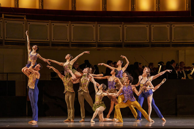 An action shot of The Joffrey Ballet dancers from Hall's world premiere choreography titled Second Nature