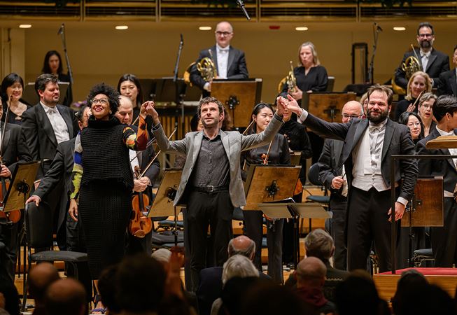 soprano Julia Bullock, composer Matthew Aucoin and conductor Petr Popelka take a bow hand-in-hand