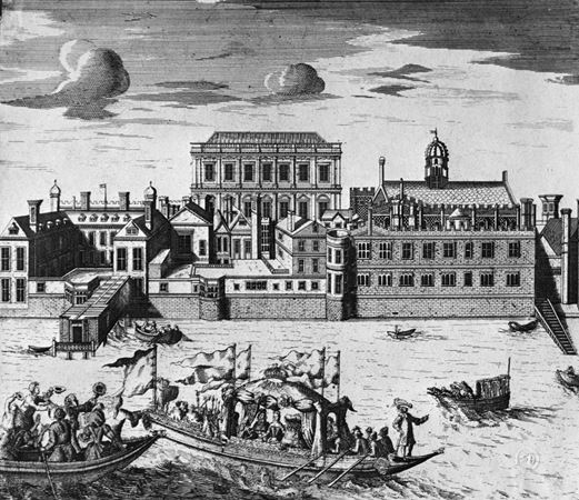 A royal barge passes Palace of Whitehall on the Thames