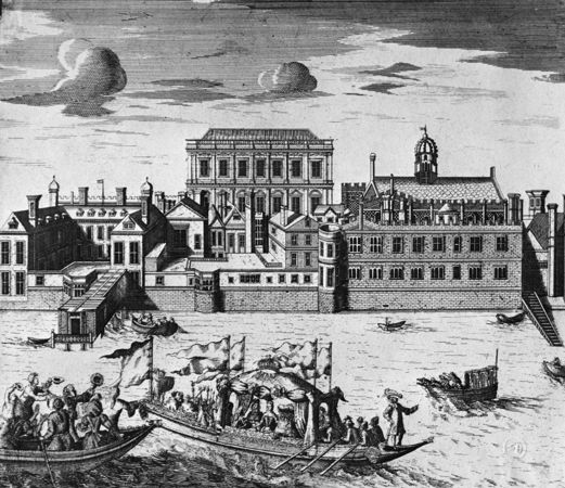 A royal barge passes Palace of Whitehall on the Thames