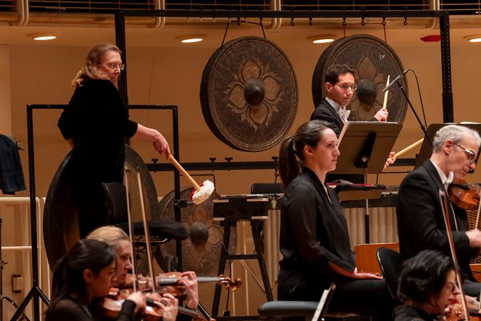 A wide shot of the CSO percussion section