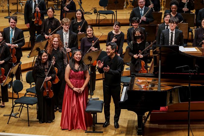 2025 Young Artists Competition finalist Evangeline Wang bows after her performing on stage