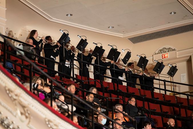 A group shot of Chicago Symphony Orchestra trumpet and trombone players in the Gallery