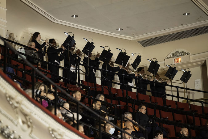 A group shot of Chicago Symphony Orchestra trumpet and trombone players in the Gallery
