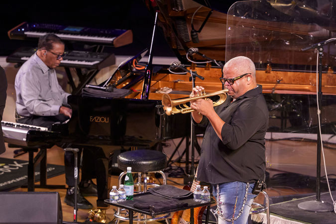 trumpeter Terence Blanchard performs a solo as Herbie Hancock backs him on the keys