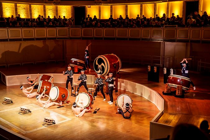 the full taiko drumming ensemble performs