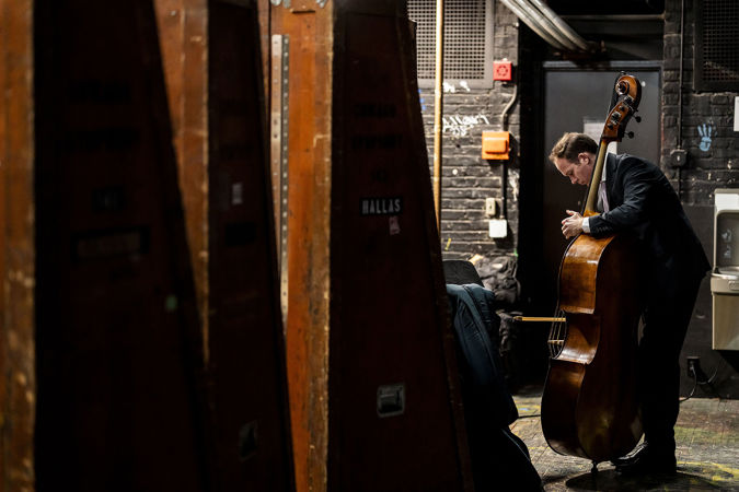 CSO bass Daniel Carson warms up backstage