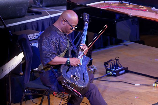 Closeup of bass player Tarus Mateen