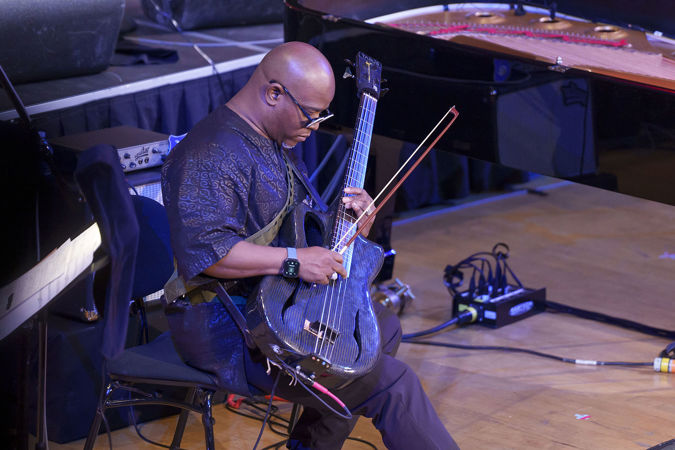 Closeup of bass player Tarus Mateen