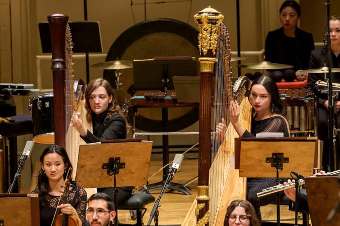 Closeup Shot Of Two Civic Harpists On Stage