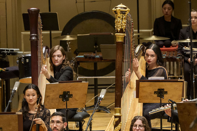 Closeup Shot Of Two Civic Harpists On Stage