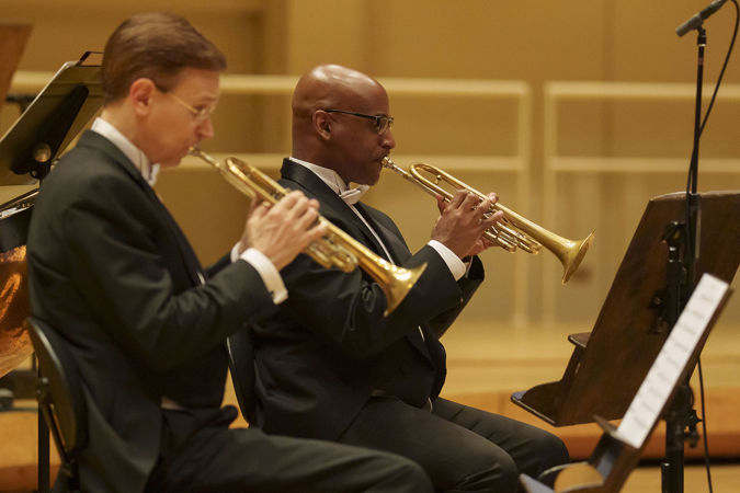 Closeup action shot of CSO trumpets John Hagstrom and Tage Larsen