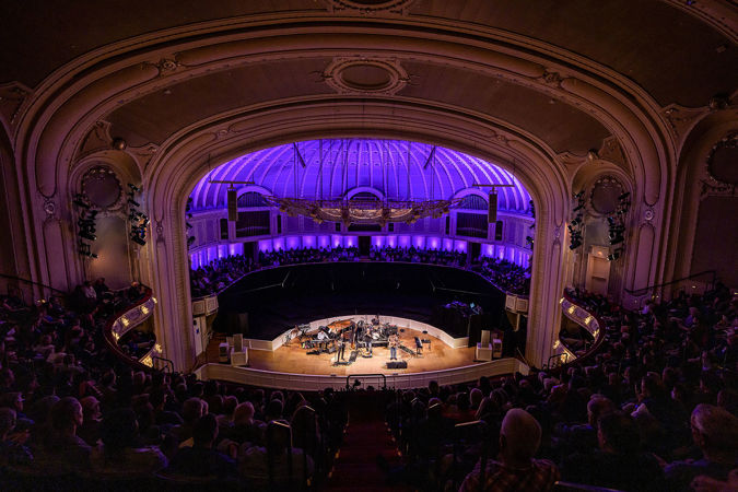 a view from the balcony as the sold-out audience watches Herbie and his band perform