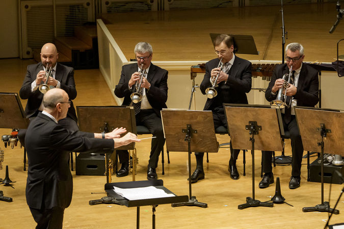 the CSO trumpet section performs as Michael Mulcahy conducts